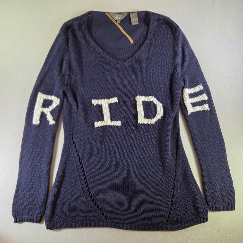Good Rider Navy Blue RIDE Chenille Graphic V-Neck Knit Sweater Womens Medium